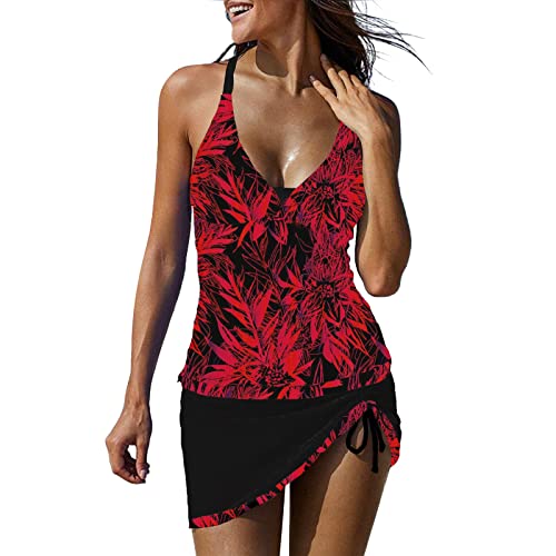 Badeanzüge mit Bügel für Damen, Tankini-Badeanzüge mit Rock, 2-teilig, Bademode mit Farbblock, Badeanzüge für Damen, Badeanzug, Shorts, Hosen, rot, 44 von Generic