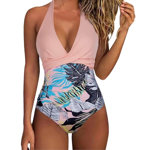 Badeanzug Damen, Badeanzug Damen Bauchweg Neckholder Tiefer V Ausschnitt Einteilige Bademode mit Gepolsterte Monokini Push Up Badeanzüge für Damen Sommer Blumenmuster Strandmode Swimsuit von Generic
