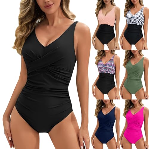 Badeanzug Damen, Badeanzug Damen Bauchweg V Ausschnitt Crossover Einteilige Bademode Monokini Gepolsterte Push Up Badeanzüge für Damen Bauchkontrolle Romper Swimsuit Badebekleidung von Generic