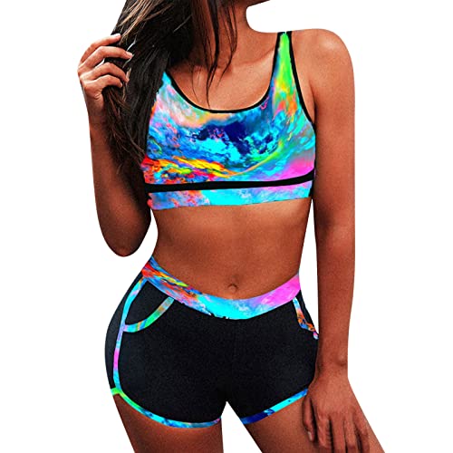 Badeanzug Damen,Bikini Damen Set Bauchweg Push Up Gepolstert Bademode mit Hotpants Sport Badeanzug Zweiteiliger Badeanzug Swimsuit Drucken Beachwear von Generic