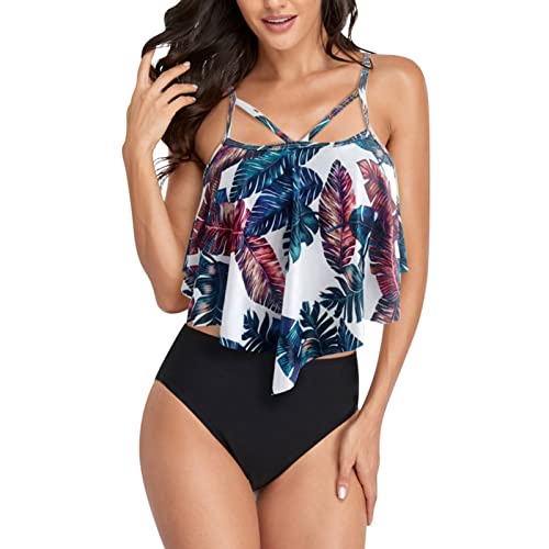 Badeanzug Damen,Bikini Damen Set High Waist Bauchweg Bademode Große Brüste Push Up Rüschen Oberteile Strandmode Zweiteiliger Swimsuit Feder Drucken Beachwear von Generic