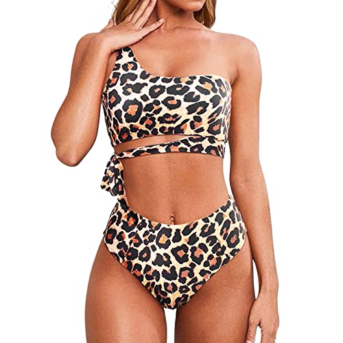 Badeanzug Damen,Bikini Damen Set One Shoulder Bustier Bauchweg Bademode Push Up High Waist Lace Up Badeanzug Zweiteiliger Swimsuit Leopard Drucken Beachwear von Generic