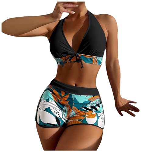 Badeanzug Damen 2 teilig Sport Damen Zweiteiliger Badeanzug Neckholder mit V-Ausschnitt Push Up Bikini-Set Bademode mit Boyshorts Bademode für Schwimmbad von Generic