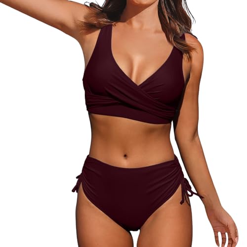 Badeanzug Damen 2024 Damen Bikini Set Zweiteiliger Badeanzug V Ausschnitt überkreuztes Bikini Bademode Bauchkontrolle High Waist Bikini Sets Swimsuit Push Up Strandbikini Verstellbare Lace Up von Generic