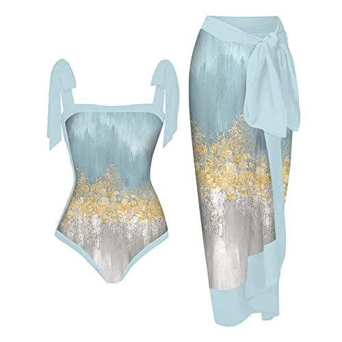 Badeanzug Damen Bauchweg, Damen Einteilige Badeanzüge Schleife Einteilige Bademode Print Swimsuit mit Wickelröcke 2 Teiliges Set Strand Badeanzüge Bademode Badeanzug Badebekleidung von Generic