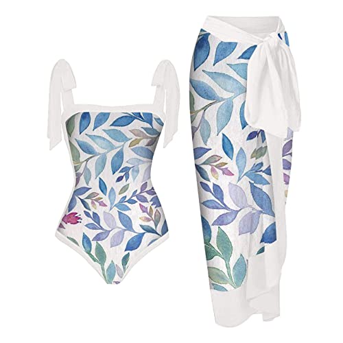 Badeanzug Damen Bauchweg, Damen Einteilige Badeanzüge Schleife Einteilige Bademode Print Swimsuit mit Wickelröcke 2 Teiliges Set Strand Badeanzüge Bademode Badeanzug Badebekleidung von Generic