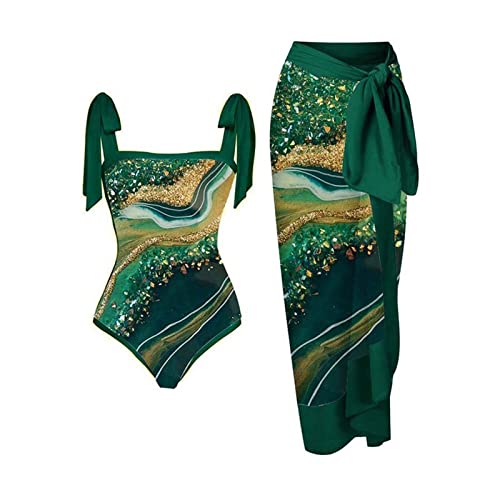 Badeanzug Damen Bauchweg, Damen Einteilige Badeanzüge Schleife Einteilige Bademode Print Swimsuit mit Wickelröcke 2 Teiliges Set Strand Badeanzüge Bademode Badeanzug Badebekleidung von Generic