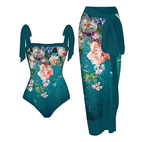 Badeanzug Damen Bauchweg, Damen Einteilige Badeanzüge Schleife Einteilige Bademode Print Swimsuit mit Wickelröcke 2 Teiliges Set Strand Bademode Badeanzüge Badeanzug Badebekleidung von Generic