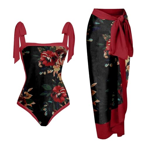 Badeanzug Damen Bauchweg, Damen Einteilige Badeanzüge Schleife Einteilige Bademode Print Swimsuit mit Wickelröcke 2 Teiliges Set Strand Bademode Badeanzüge Badeanzug Badebekleidung von Generic