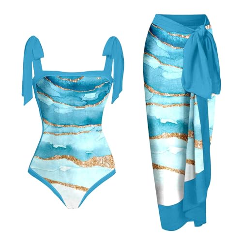 Badeanzug Damen Bauchweg, Damen Einteilige Badeanzüge Schleife Einteilige Bademode Print Swimsuit mit Wickelröcke 2 Teiliges Set Strand Bademode Badeanzüge Badeanzug Badebekleidung von Generic