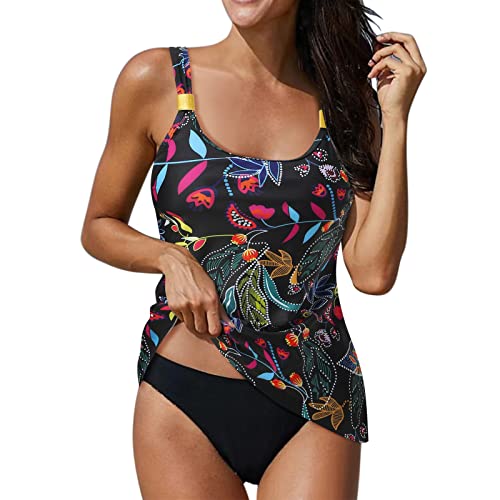 Badeanzug Damen Bauchweg, Tankini Damen Sport Badebekleidung Push Up Swimsuit Beachwear Zweiteilig mit Streifen Tankini Oberteile mit Shorts Tankini Damen Set Bikini Tank Top Shorts von Generic