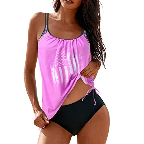 Badeanzug Damen Bauchweg, Tankini Damen Sport Badebekleidung Push Up Swimsuit Beachwear Zweiteilig mit Streifen Tankini Oberteile mit Shorts Tankini Damen Set Bikini Tank Top Shorts von Generic