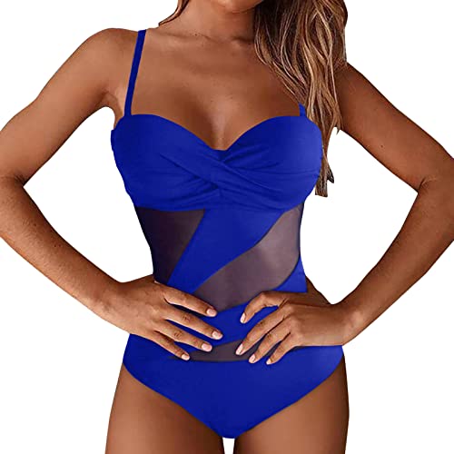 Badeanzug Damen Bauchweg Damen Badeanzug Einteiliger Cut Out Sexy Swimsuit Push up figurformend Einteiler Mesh-Badeanzug Schwimmanzug V-Ausschnitt Schlankheits Sommer (YYB-Blue, S) von Generic