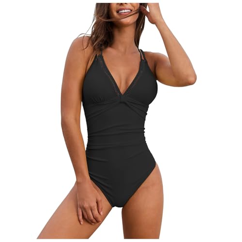 Badeanzug Damen Push Up Retro Schlankheits Raffung Neckholder Badeanzug mit Push One Piece Schwimmanzug Badeanzug Sport Bademode Bauchweg Sport Swimming Suits Drucken Einteilige Bademode Schultergurte von Generic