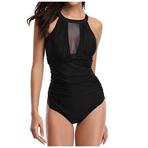Badeanzug Damen Schwarz Bauchweg High Waist Bademode Elegant Neckholder Einteiler Badeanzüge mit Zierausschnitten Retro Gerafftes Push Up Swimsuit Strandmode Swimwear von Generic