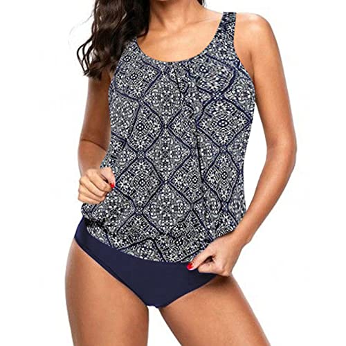 Badeanzug Damen Tankini Damen Bauchweg Tankini Set Zweiteiliger Badeanzug Tankini mit Muster Badeanzug Damen Sport Strand Sommer Oberteile Badekleid Bikini Oberteil blau XXL von Generic