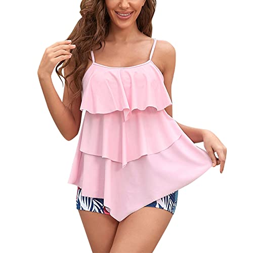 Badeanzug Damen Tankini Damen Zwei Stücke Tankini Rüschen Volant Geschichtet Bademode mit Boy Legs Shorts Rüschen Große Größen Bademode Badeanzug Oberteil Tankini Oberteil Damen pink M von Generic