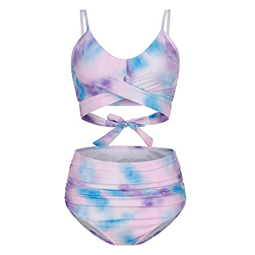 Badeanzug Damen mit Cups, Damen Badeanzüge Elegantes Zweiteiliger Bikini Set V Ausschnitt Blumen Front Cross Push Up Lace Up High Waist Bademode Strandmode Swimsuit for Women Summer 2028 Pink M von Generic