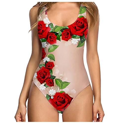 Badeanzug Große Größen, Badeanzug Damen Große Oberweite Bauchweg Sport Swimsuit Mode Drucken Bademdoe Push Up Große Größe Sommer Strandmode mit Cups Badebekleidung Red M von Generic
