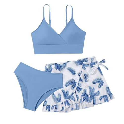 Badeanzug Mädchen Dreiteiliger Schnelltrocknender Set Mädchen Bikini Set 3er Sommer Badeanzü Kinder Dreiteilig Bikini Triangel Top Mit Slips Rock (Light Blue, 130) von Generic