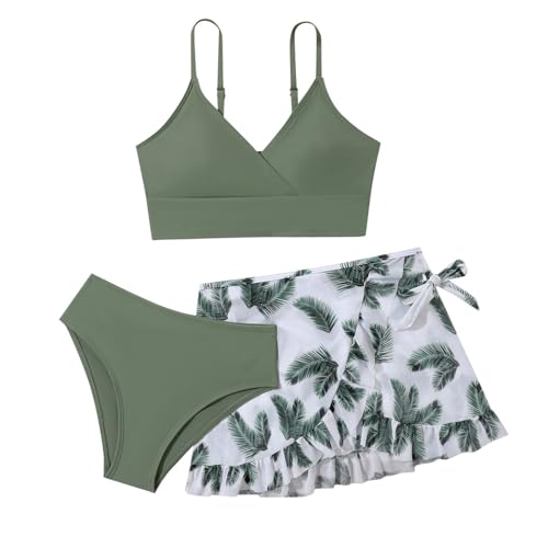 Badeanzug für Teenager Mädchen 3-teilig Bikini-Set Blumenmuster Mädchen-Bikini-Set mit Rock Kinder Schwimmbekleidung Blatt Drucken Sommer Badebekleidung Triangel (Army Green, 15-16 Years) von Generic