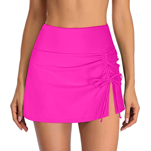 Badehose für Damen Baderock mit Innenslip Kurze Bikini Rock mit Seitenschlitz & Tunnelzug High Waist Minirock Badeshorts Schwimmhose Bikinihose Badekleid Bademode Strand Rock (Hot Pink, L) von Generic