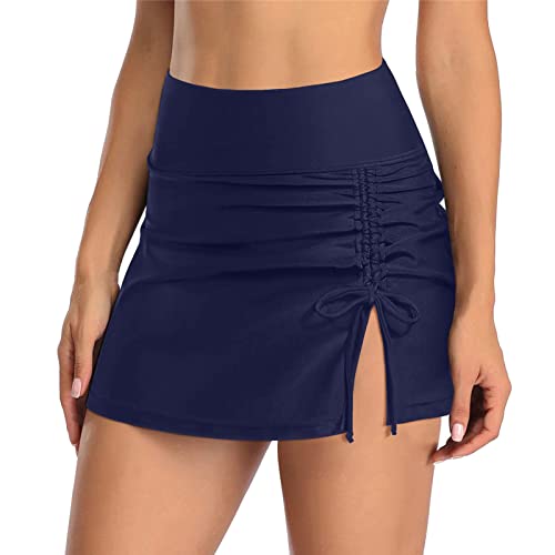 Badehose für Damen Baderock mit Innenslip Kurze Bikini Rock mit Seitenschlitz & Tunnelzug High Waist Minirock Badeshorts Schwimmhose Bikinihose Badekleid Bademode Strand Rock von Generic