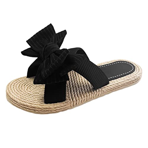 Badelatschen MäDchen Sommerschuhe Damen Damenschuhe, modisch, Flache Hausschuhe mit Leinensohle, Schleife, Outdoor, Strand, böhmische Hausschuhe Flipflops Badeschlappen Damen 39 (Black, 42) von Generic