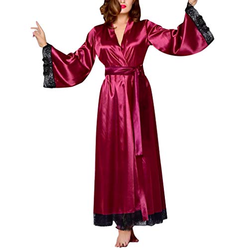 Bademantel Damen Lang Leicht Morgenmantel Satin Kimono Schlafanzug Sexy Langarm NachtwäSche Robe Sleepwear V Ausschnitt Mit GüRtel Nachthemd Blumenspitze FüR Braut NachtwäSche Hausmantel von Generic