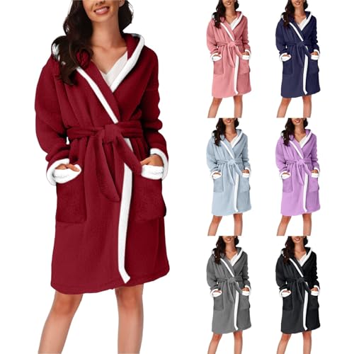 Bademantel Damen Lang mit Kapuze Oversized Morgenmantel Leicht Frottee Saunamantel Flauschig Loungewear Fleece Hausmantel Kimono Bathrobe Herbst Winter Frottier-Bademantel Damen Satin (Grey, XL) von Generic