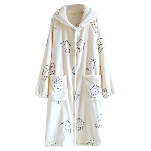Bademantel Damen Womens Cute Bunny Pattern Plush Robe Hooded Soft Bathrobe for Women Button Down Winter Warm Loungewear Bademantel Erwachsene Bademantel Poncho Leicht (Beige, L) von Generic