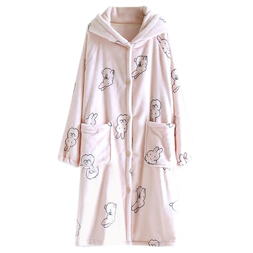 Bademantel Damen Womens Cute Bunny Pattern Plush Robe Hooded Soft Bathrobe for Women Button Down Winter Warm Loungewear Bademantel Erwachsene Bademantel Poncho Leicht (Pink, M) von Generic