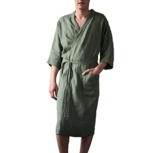 Bademantel Herren Baumwolle-Leinen Leicht - Morgenmantel Herren Kurz Leicht Saunamantel Langarm Hausmantel Mit GüRtel NachtwäSche DüNn Schalkragen BademäNtel Kimono Sleepwear, Geschenke FüR (Green, L) von Generic