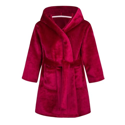 Bademantel Rot Kinder Kinder Bademantel mit Kapuze Flanell Einfarbig Homewear Kinder Nachthemd Pyjama Schlafanzug Jungs (Wine, 9-10 Years) von Generic