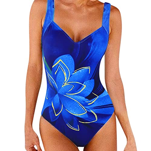 Bademode Damen Sommer Blumen Print Bauchweg Einteiliger Badeanzug Sport Push Up Badeanzüge Damen Swimsuit Große Größe Einteilege Bademode Figurformend Bauchweg Bikini Strandmode(A Blau,XXL) von Generic