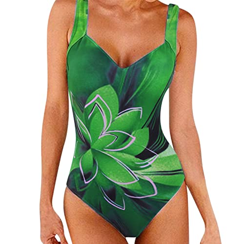 Bademode Damen Sommer Blumen Print Bauchweg Einteiliger Badeanzug Sport Push Up Badeanzüge Damen Swimsuit Große Größe Einteilege Bademode Figurformend Bauchweg Bikini Strandmode(A Grün,L) von Generic