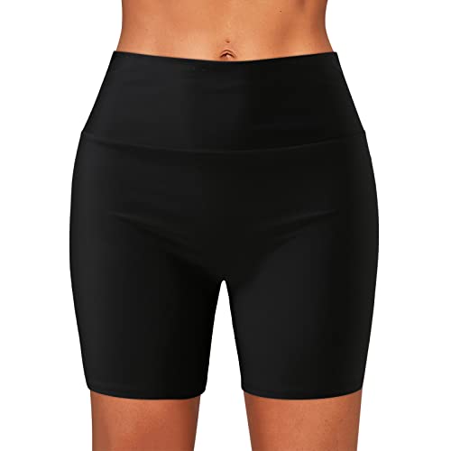 Badeshorts Bademode Bikini Damen hoher Taille Bikinihose Bauchweg Lang Badeshorts High Waist Stretch Boardshorts Surfing Wassersport Badehose (Black, M) von Generic