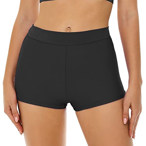 Badeshorts Damen Bauchweg Badehose Schwimmshorts Basic Damen Bikini Shorts mit Hoher Taille, Badehose, Strandshorts, Bikinihose, Tankini-Shorts, Bademode, Strand (D-Black, M) von Generic