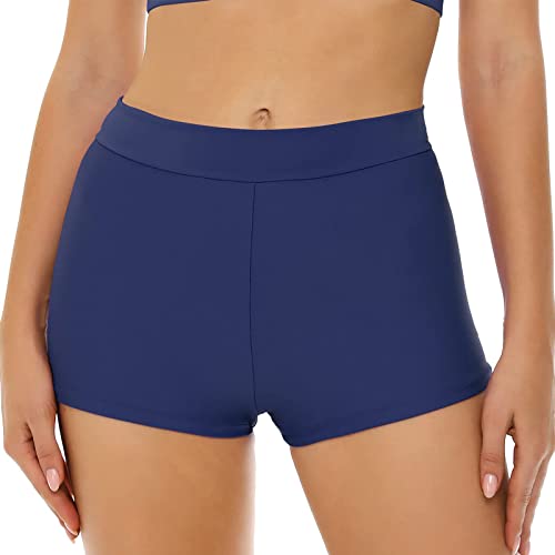 Badeshorts Damen Bauchweg Badehose Schwimmshorts Basic Damen Bikini Shorts mit Hoher Taille, Badehose, Strandshorts, Bikinihose, Tankini-Shorts, Bademode, Strand (D-Dark Blue, L) von Generic