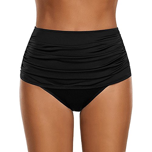 Badeshorts Damen Bauchweg High Waist Bikinihose Schwarz Retro Ruched Badehose Bikini Hosen Badeanzug Slip Klassische Bikini Unterteil Bikinislip für Frauen (C-Black, S) von Generic