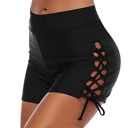 Badeshorts Damen Bikinihose Bauchweg High Taille Kordelzug Badeanzug Bottoms Schwimmshorts Basic Bademode Sport Shorts Badehose Strandshorts Tankinis-Hose (Black-F, L) von Generic