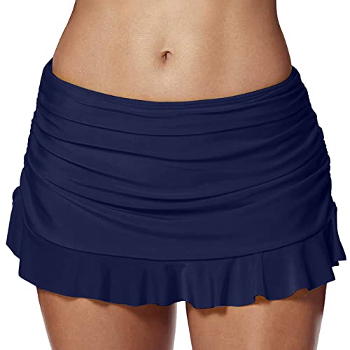 Badeshorts Damen Elegant Baderock mit Innenslip Retro Raffung Bademode Kurze Rock Ruched Bauchweg Badehose Bikinirock Eingebaut Bikinihose Sportrock Schwimmrock Strandbikini Bikini (Dark Blue #5, XXL) von Generic