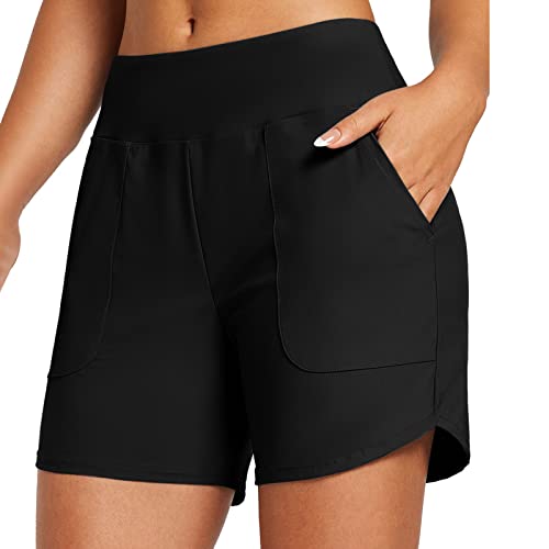 Badeshorts Damen Lang Schwarze Schnell Trocknend Badehose Schwimmhose Hohe Taille Swim Boardshorts Pocket Bademode Shorts V-Slit Beachwear Unterteile mit Weite Hosenbeine Große Größe (A-Black, S) von Generic