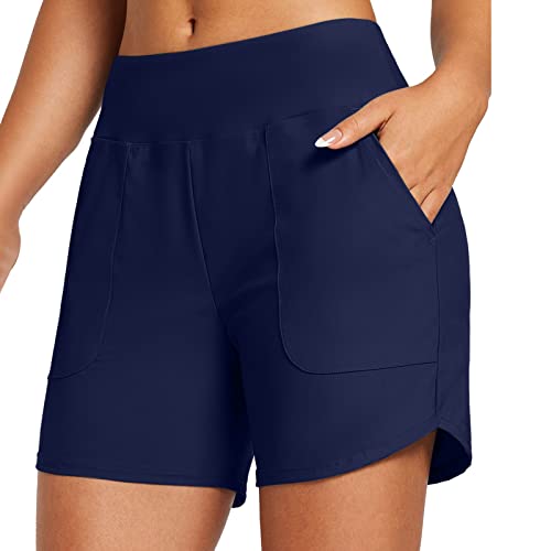 Badeshorts Damen Lang Schwarze Schnell Trocknend Badehose Schwimmhose Hohe Taille Swim Boardshorts Pocket Bademode Shorts V-Slit Beachwear Unterteile mit Weite Hosenbeine Große Größe (A-Dark Blue, M) von Generic