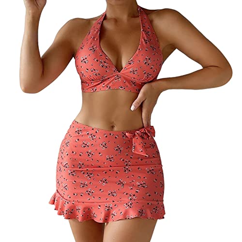 Badeshorts für Damen Frauen Bikini Set Bedruckt Dreiteilige Strandkleidung Hot Sexy Bademode Bikini Set Übergröße Badeoberteile mit Bügel für Frauen, Orange von Generic