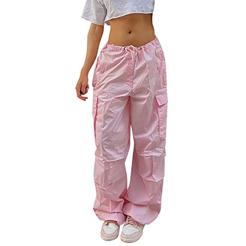 Baggy Cargo Fallschirmhose für Mädchen, Y2K Vintage Jogger mit Verstellbarer Elastischer Taille für Kinder Fit (Pink, S) von Generic