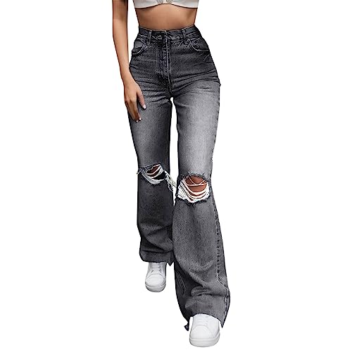 Baggy Destroyed Jeans Damen Bootcut Stretch,High Waist Jeanshose Weite mit Löchern Schlaghose -Flared Zerrissene Jeanshosen mit Taschen Einfarbig Freizeithose Damenjeans Streetwear Sommer von Generic
