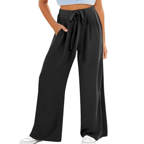 Baggy Hosen Mädchen Weites Bein Hose Hohe Taille Elastische Freizeithose Kinder Einfarbige Drawstring Jogginghose Leichte Dünne Hosen Sommer Lässige Lang Hose mit Tasche (Black, 12-13 Years) von Generic