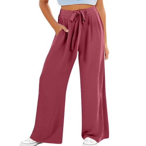 Baggy Hosen Mädchen Weites Bein Hose Hohe Taille Elastische Freizeithose Kinder Einfarbige Drawstring Jogginghose Leichte Dünne Hosen Sommer Lässige Lang Hose mit Tasche (Hot Pink, 12-13 Years) von Generic
