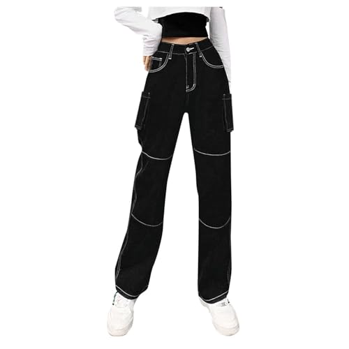 Baggy Jeans Cargohose Damen Schwarz Mit Weißer Naht Jeans Harajuku Pants Weites Bein Schlaghose Modern Boyfriend Jeans Techwear Hose Schlupfjeans Y2K Jeans Streetwear Freizeit Jeanshose Cargo Hose von Generic